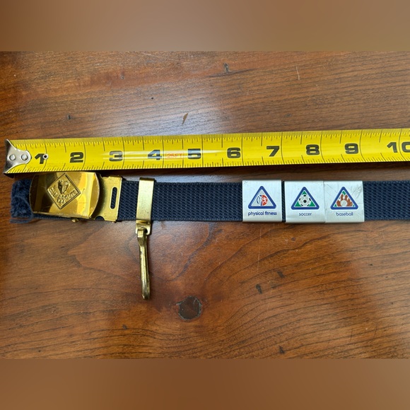 Boy Scout Navy Belt w/SolidBrass Gold Buckle & Patches & 3 merit badge slides. - Picture 2 of 6